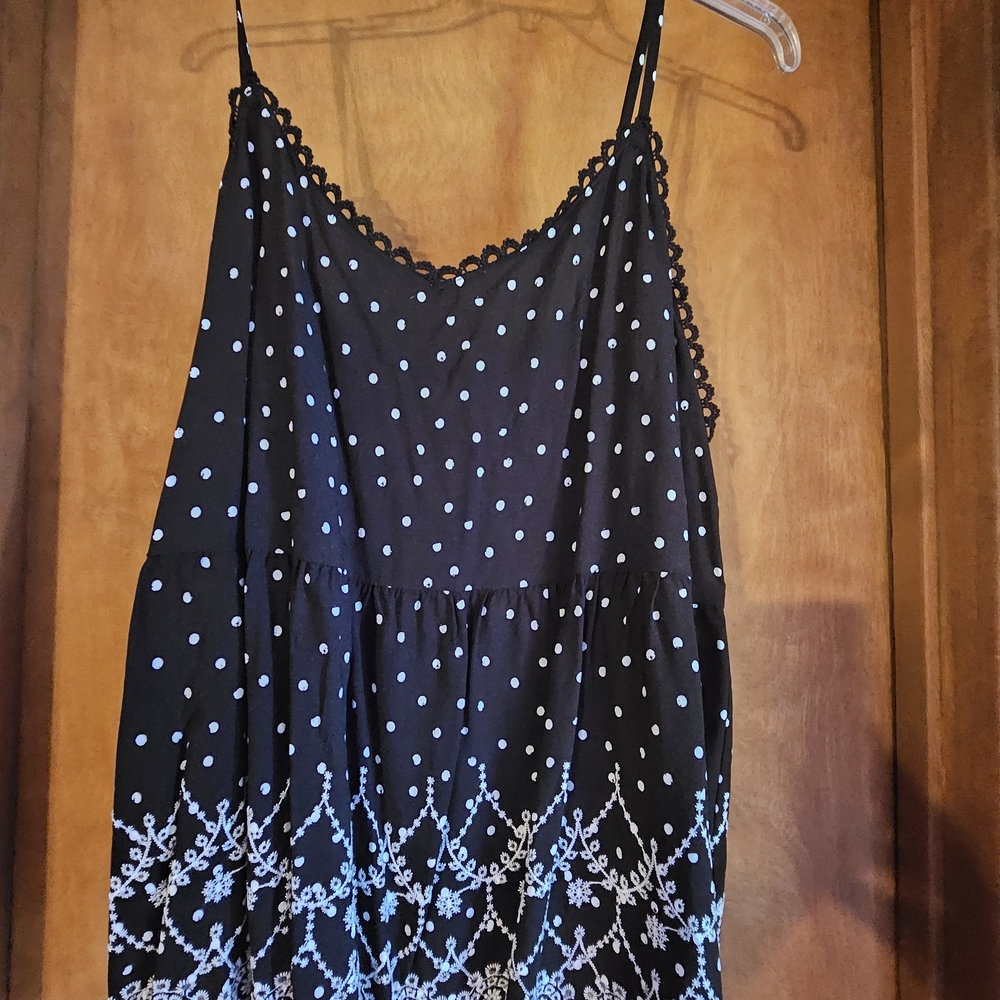 Maurices Black Peplum Top with White Dots and Lace Trim